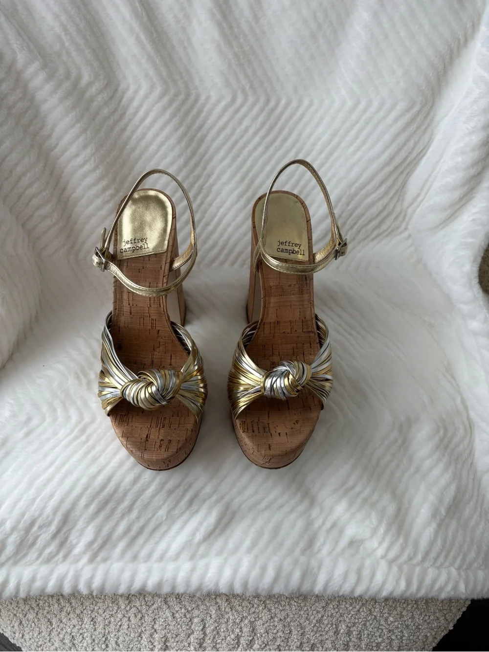 Jeffrey Campbell Metallic Gold and Silver Knot Cork Wedge Sandals - Picture 1 of 4